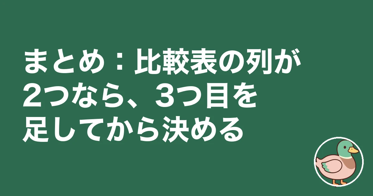 注文住宅 標準仕様 比較表|まとめ:比較表の列が2つなら、3つ目を足してから決める