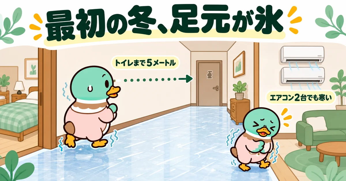 入居して最初の冬、氷のように冷たい廊下をトイレまで5メートルつま先立ちで歩くあいみつと裸足の長女のイラスト。