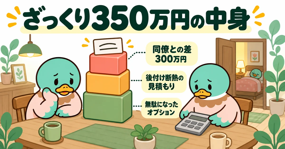 同僚との差300万円に後付け断熱の見積もりと無駄になったオプションを足した350万円の中身を、夜の食卓で数えるあいみつ夫婦の図解。