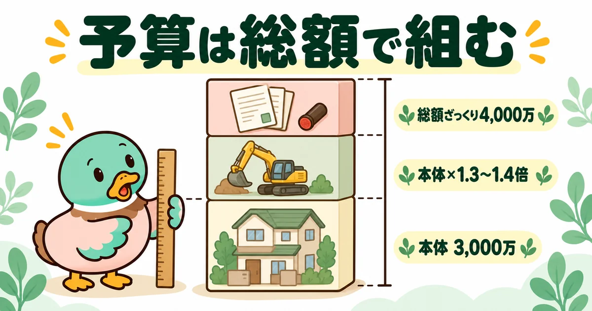 本体3,000万なら総額はざっくり4,000万になることを、本体の上に付帯工事と諸費用を積み上げた棒で見上げるあいみつの図解。