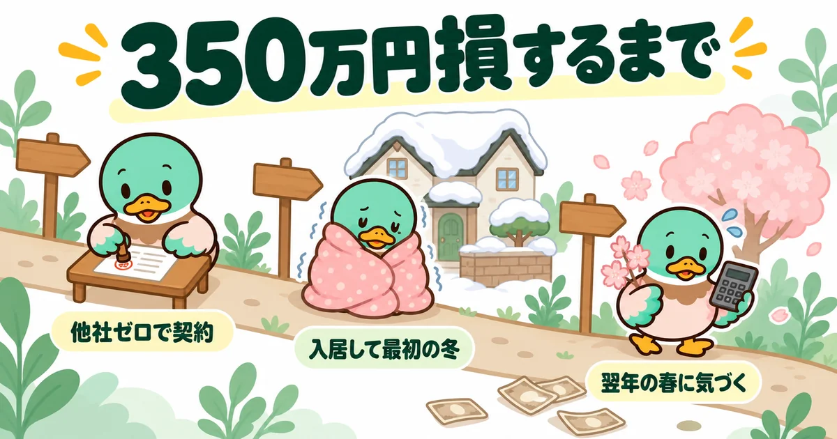 あいみつが他社ゼロで契約し、入居して最初の冬と翌年の春に350万円の損に気づくまでを下り坂の年表で示したイラスト。