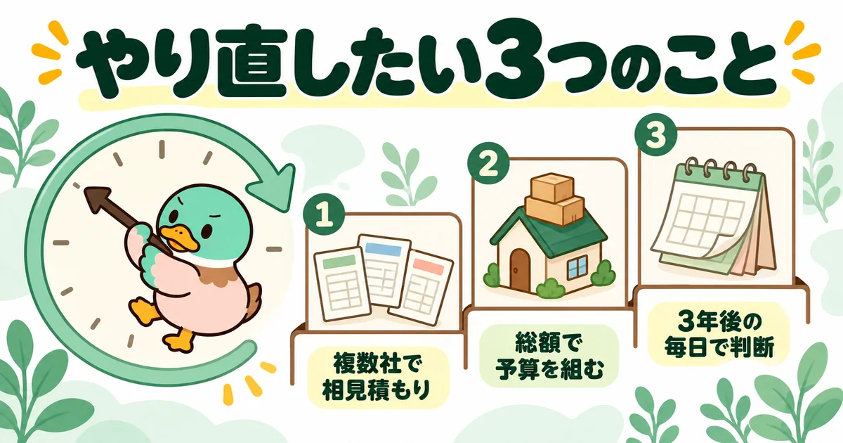 あの時に戻れるならあいみつがやり直したい、相見積もり・総額での予算・3年後の毎日で判断の3つを示すイラスト。