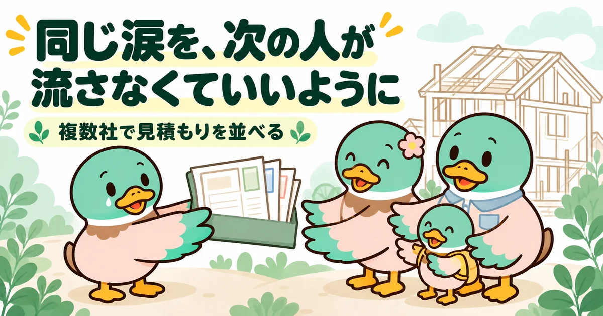 同じ涙を次の人が流さなくていいように、複数社の見積もりを並べたファイルをこれから建てる家族へ手渡すあいみつ。