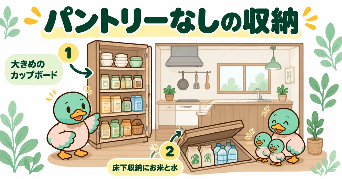 パントリーがない家の収納として、大きめのカップボードに食器と食品、床下収納にお米と水を入れる断面の図解。