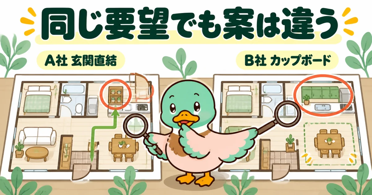 同じ要望でもA社は玄関直結のパントリー、B社はカップボードで代用と案が違うことを間取り図2枚で比べた図解。