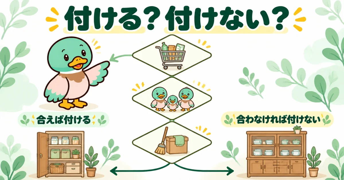 パントリーは必要かいらないかを、買い方・家族・片づけのクセの順に確かめて付ける・付けないに分かれる流れの図解。