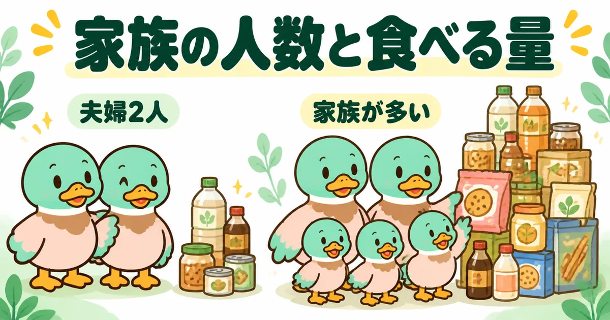 夫婦2人と家族が多い家で食品ストックの山の大きさが違い、パントリーが必要かが変わることを示したイラスト。