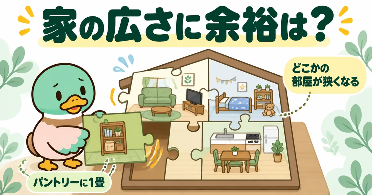 パントリーに1畳使うとリビングや子ども部屋が狭くなることを、間取りのパズルで示し必要かを考える図。