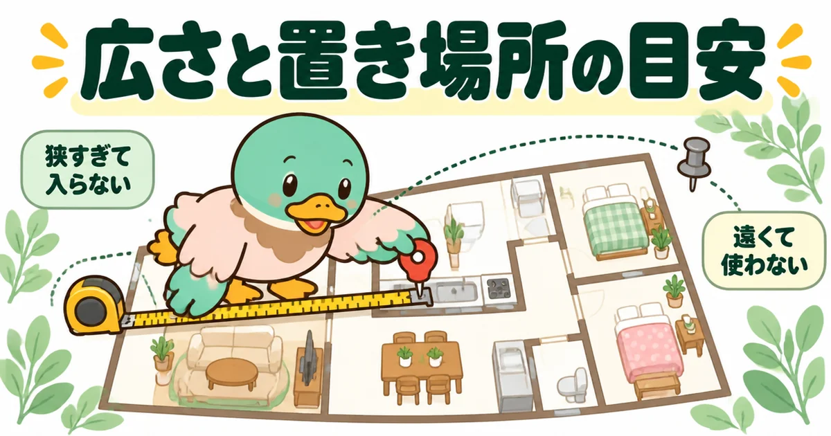 パントリーが必要と決めた後に、広さを巻尺で、置き場所を位置ピンで間取り図の上で決めるあいみつのイラスト。