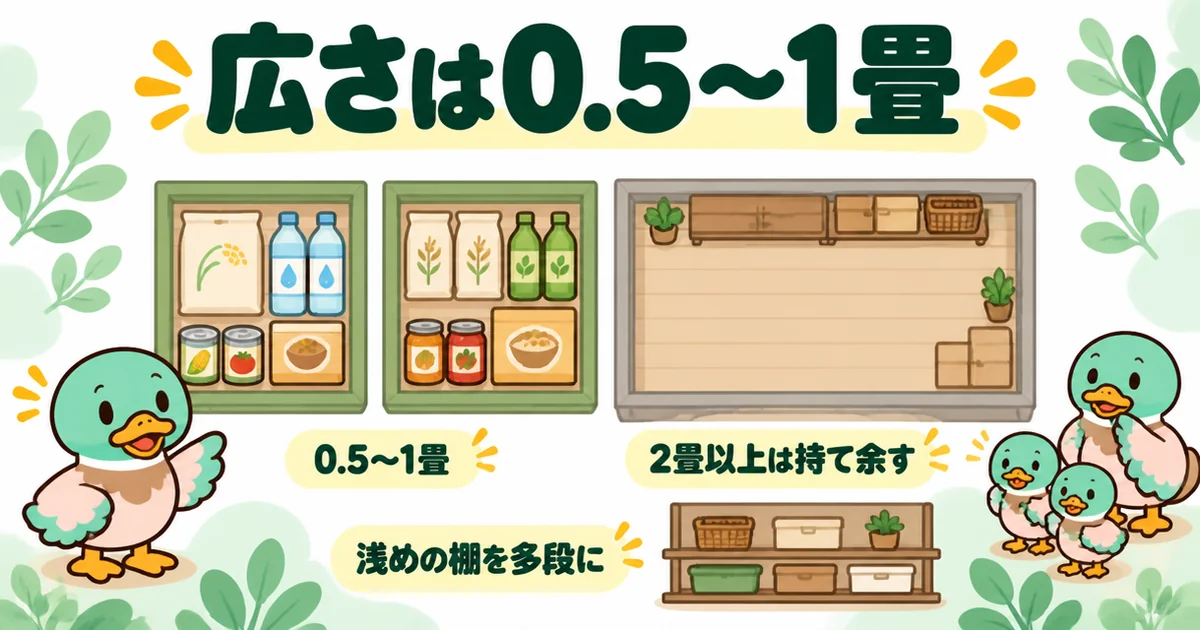 必要なパントリーの広さは0.5〜1畳が使いやすく、2畳以上は持て余すことを真上から見た大きさ比べで示した図。