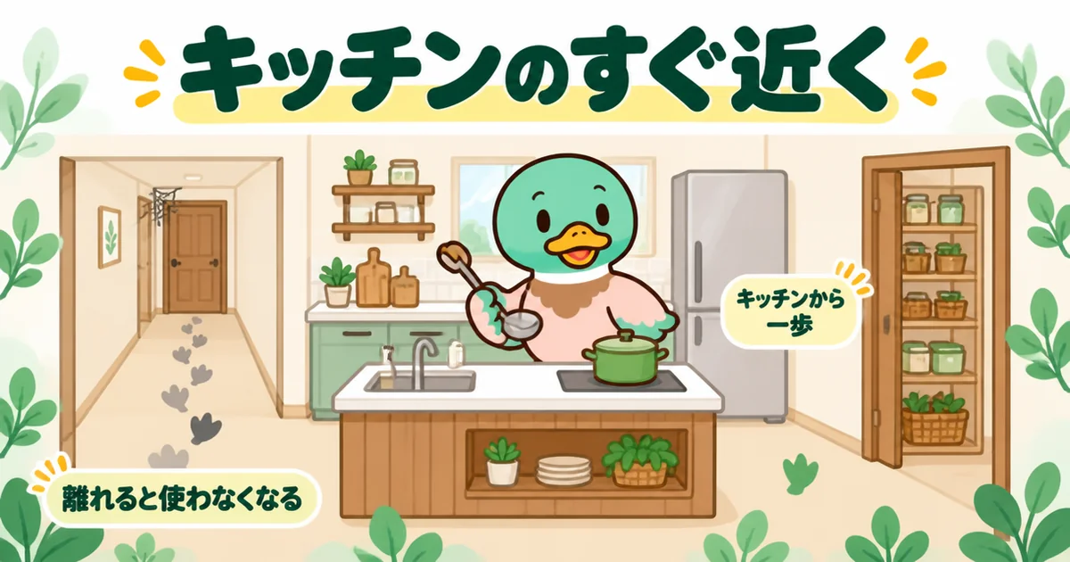 パントリーの置き場所はキッチンから一歩が正解で、離れると使わなくなることを足あとの数で比べたイラスト。