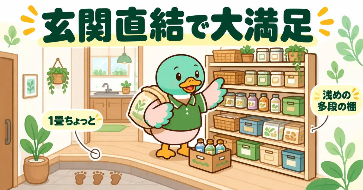 玄関直結のパントリーで、重いお米や飲み物を玄関から数歩で浅めの多段の棚にしまう男性のカモのイラスト。