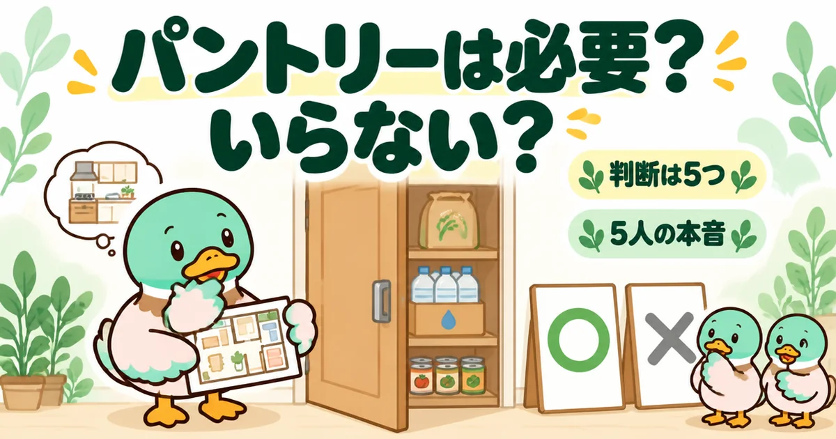 パントリーは必要かいらないかを、半分開いた扉の前で間取り図を持って考えるあいみつのイラスト。