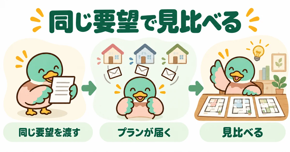 同じ要望を複数の会社に渡し、届いた書斎のプランを見比べるまでの流れを番号と矢印で示した図解。