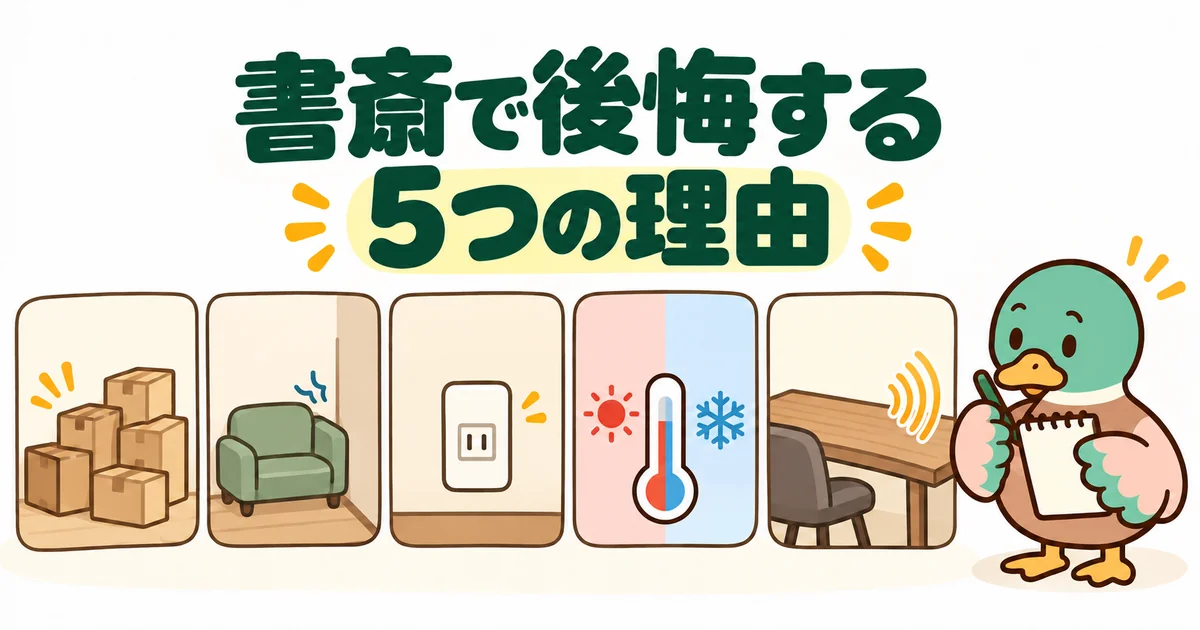 書斎は必要かを決める前に知りたい、物置化・部屋の狭さ・コンセント・暑さ寒さ・場所という後悔する5つの理由を絵のカードで並べた図。