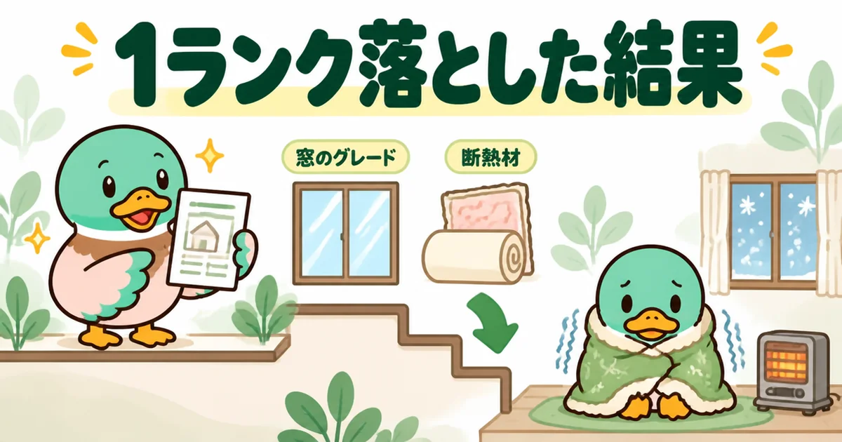 窓のグレードと断熱材を1ランク落とした結果、住んでから寒さに悩むあいみつを描いたリビング階段の後悔の図解。