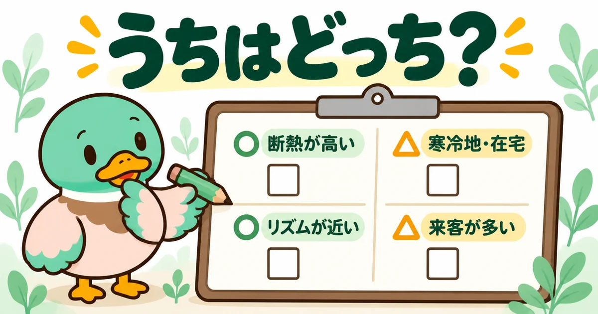 リビング階段で後悔しないために、断熱や生活リズム、寒冷地や来客の多さで向き不向きを確かめるチェック表の図解。