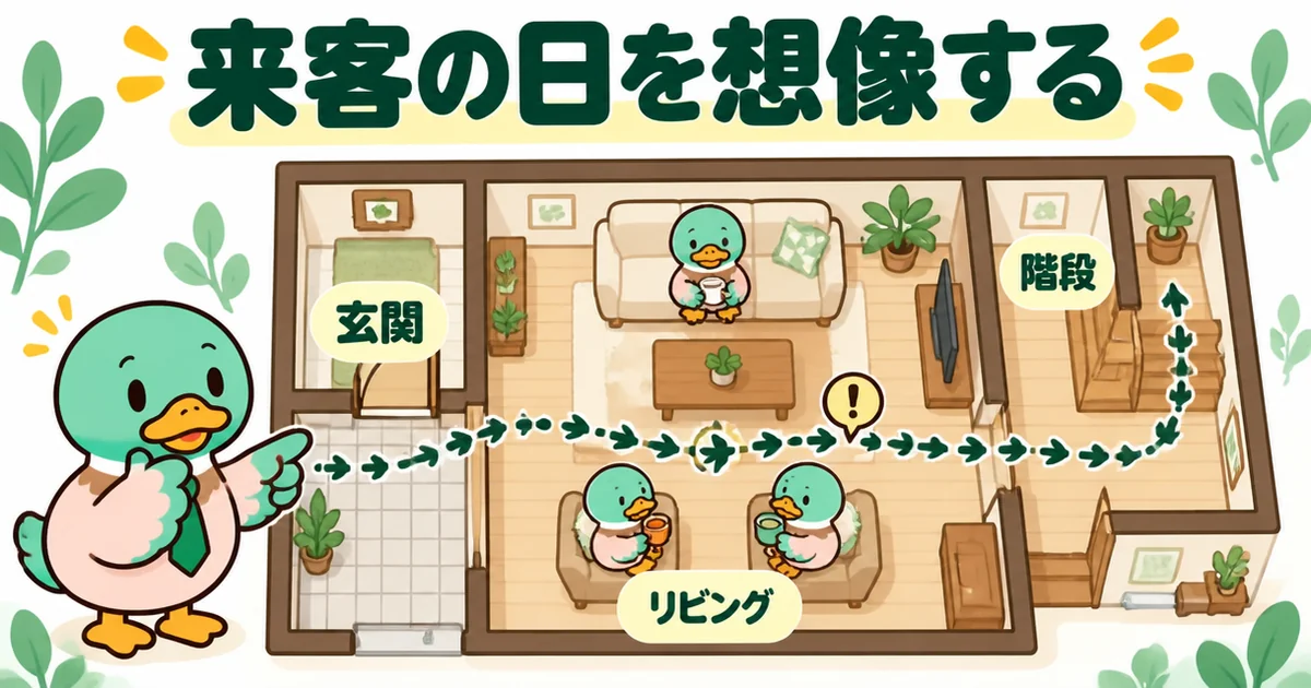 リビング階段の家で、玄関から階段までの動線が来客の目の前を横切ることを真上から確かめる後悔対策の図解。