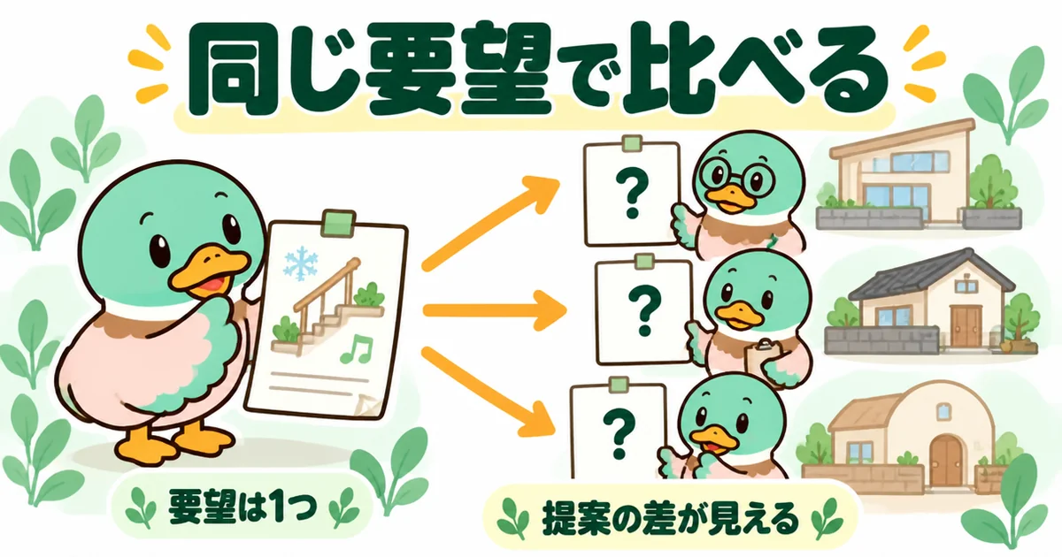 リビング階段にしたいという同じ要望を複数社に渡し、返ってきた提案の差を見比べる流れを示した図解。