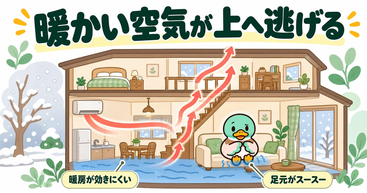 リビング階段で冬に暖かい空気が2階へ逃げ、足元が冷えて後悔する様子を家の断面と矢印で示した図。