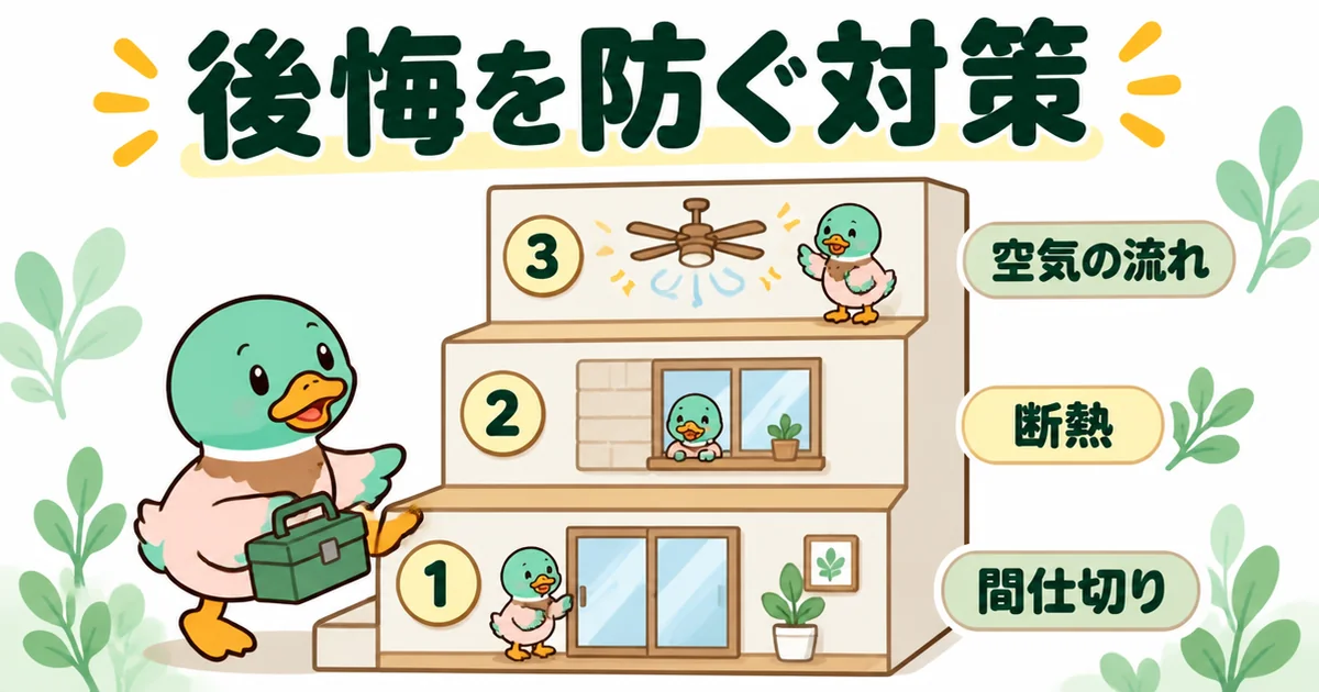 リビング階段の後悔を防ぐ対策を、間仕切り・断熱・空気の流れの3段の踏み台で順番に示すあいみつの図。