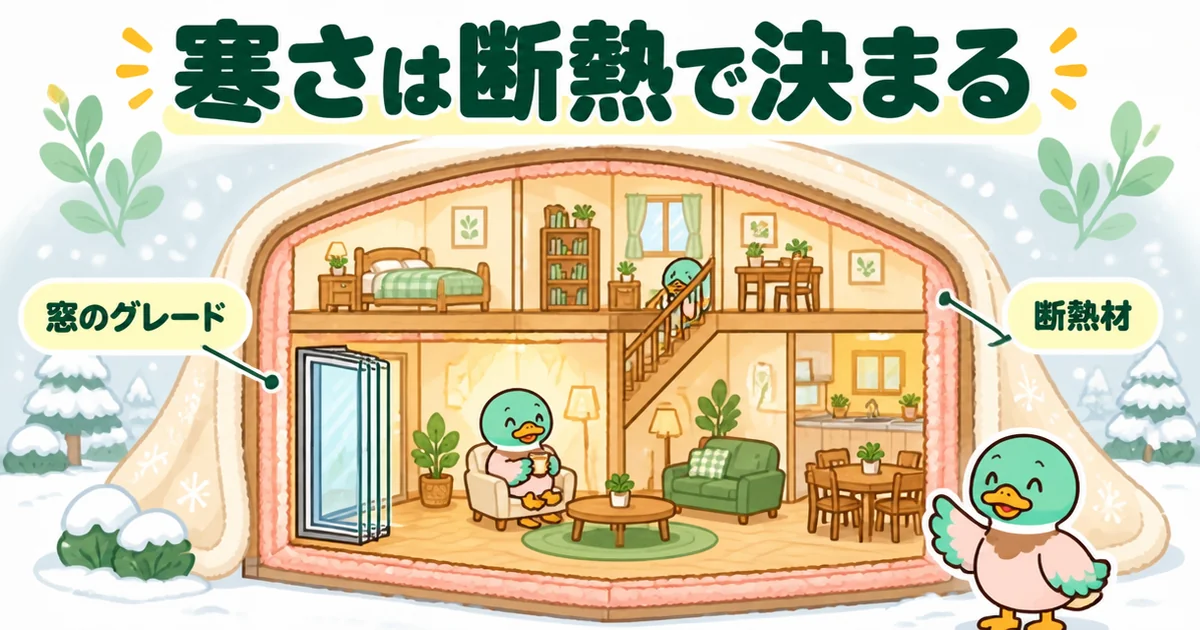 リビング階段の寒さは家全体の断熱で決まることを、断熱材と窓で包まれた暖かい家の断面で示した図。