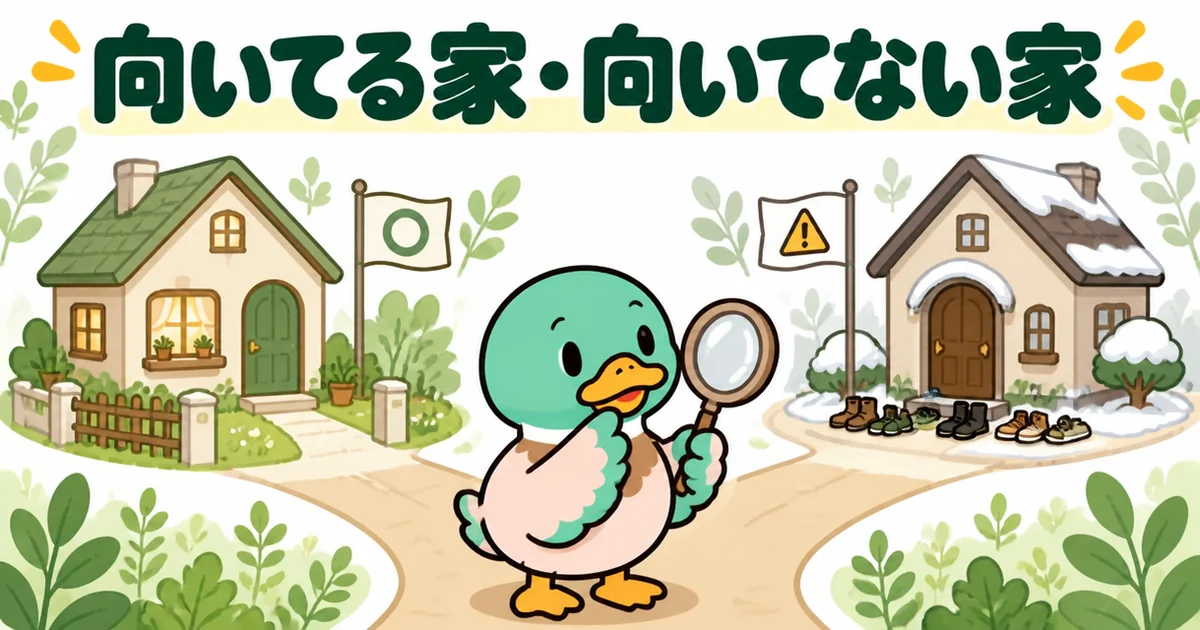 リビング階段が向いてる家と向いてない家を、分かれ道の先の2軒の家で見比べるあいみつのイラスト。