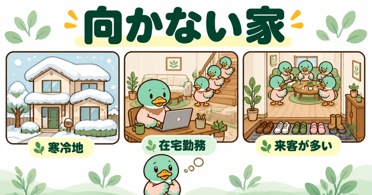リビング階段が向かない家として、寒冷地・在宅勤務・来客が多い家庭を3コマで示した後悔を防ぐための図。