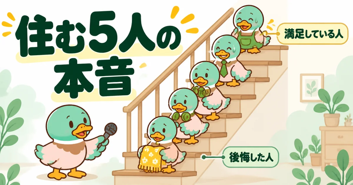 リビング階段に住む5人の本音を、後悔した人も満足している人もまじえて階段に座る5羽のカモで表したイラスト。