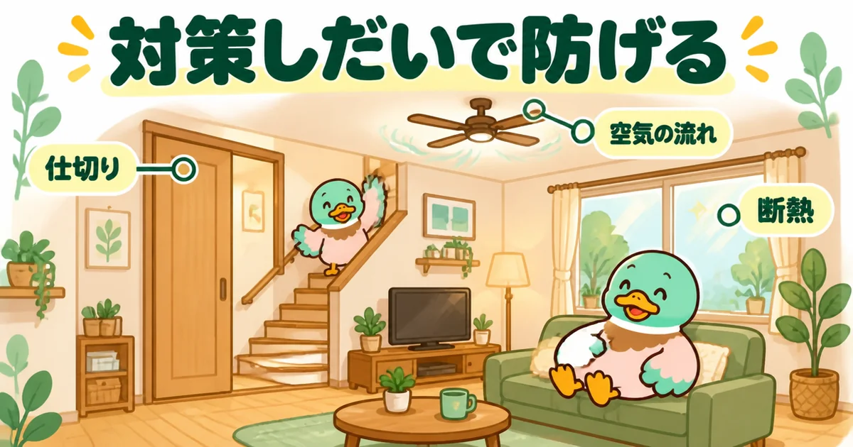 リビング階段の後悔は仕切り・断熱・空気の流れの対策しだいで防げることを、快適なリビングでくつろぐあいみつで表した図。