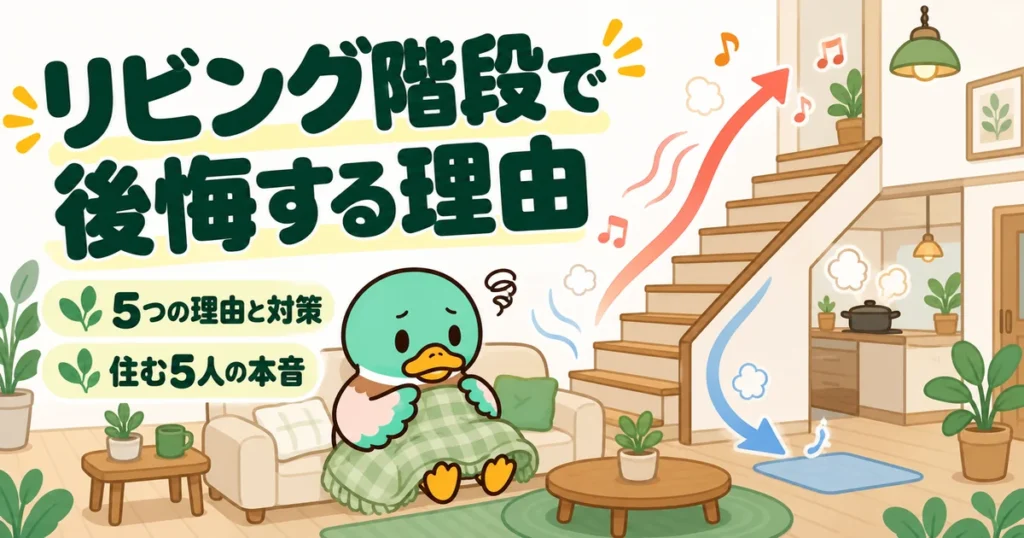 リビング階段で後悔する理由を、暖かい空気や音が階段から2階へ逃げていくリビングと足元を気にするあいみつで表したイラスト。