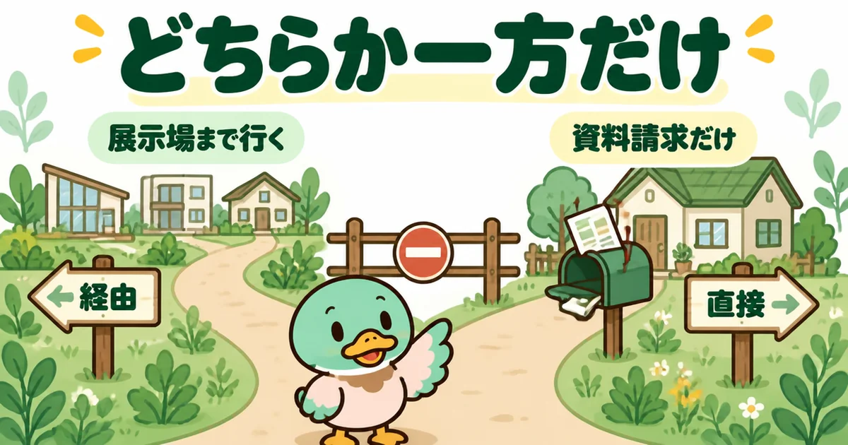 持ち家計画はポイントサイト経由か直接かのどちらか一方で、展示場まで行くか資料請求だけかで分かれる道の図。