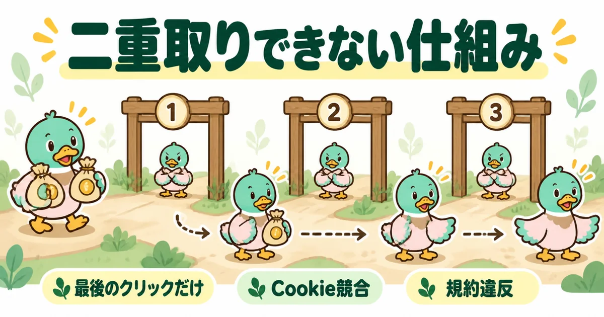 持ち家計画でポイントサイトの二重取りができない仕組みを、最後のクリック・Cookie競合・規約違反の3つの門で示した図。
