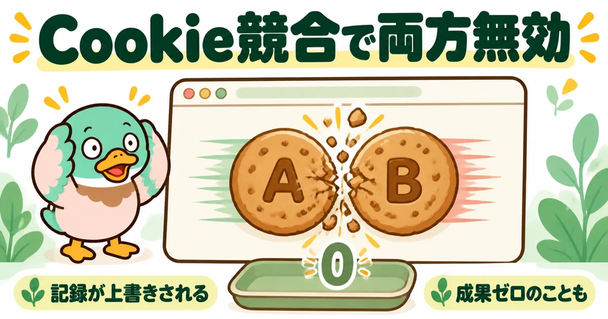 複数のポイントサイトを経由するとCookie競合で両方無効になりうることを、ぶつかる2枚のクッキーで描いた図。