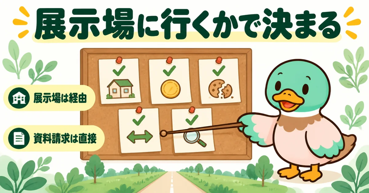 持ち家計画とポイントサイトのまとめとして、展示場は経由・資料請求は直接と5枚のメモを指すあいみつのイラスト。
