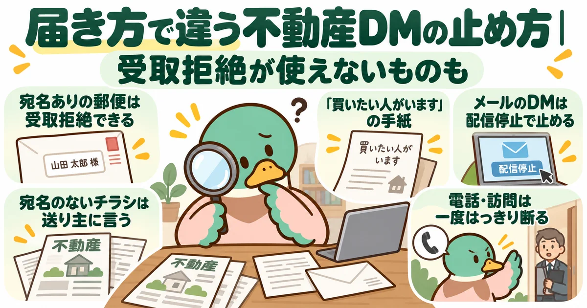 宛名のある郵便、チラシ、手紙、メール、電話を見分けて対処法を選ぶ図。