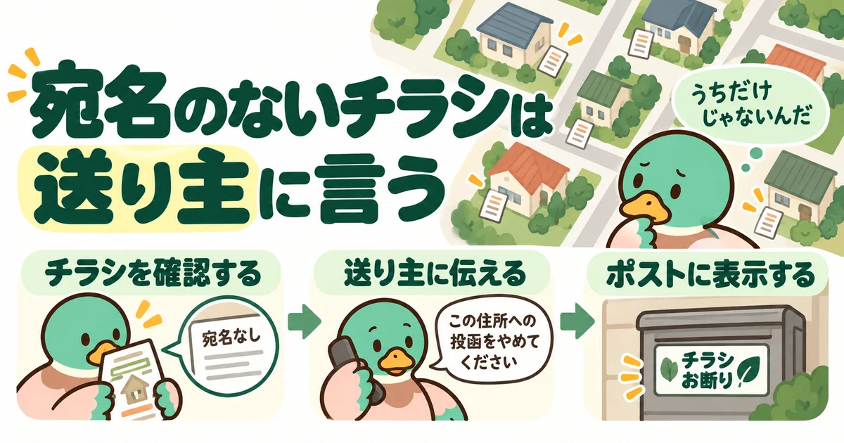 宛名のないチラシの送り主を確認し、投函停止を依頼するあいみつ。