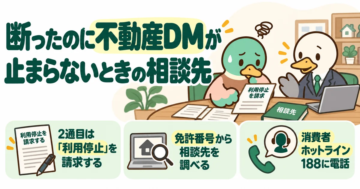 停止依頼後も届くDMについて、利用停止の請求や相談先を整理する図。