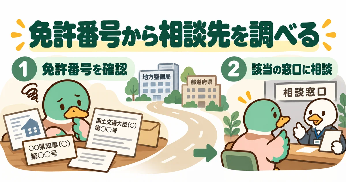 不動産会社の免許番号を見て、相談窓口を探すあいみつ。