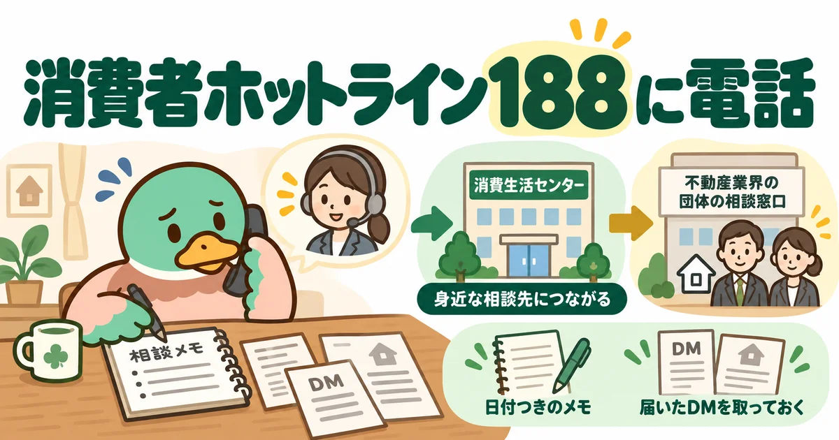 届いたDMと対応のメモを用意して、消費者ホットライン188に相談するあいみつ。
