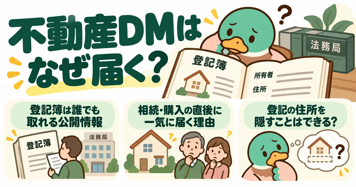登記情報から不動産DMが届く仕組みと、名義変更後の連絡を整理した図。
