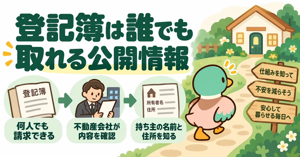 不動産の登記簿に所有者の名前や住所が記載される仕組みを示した図。