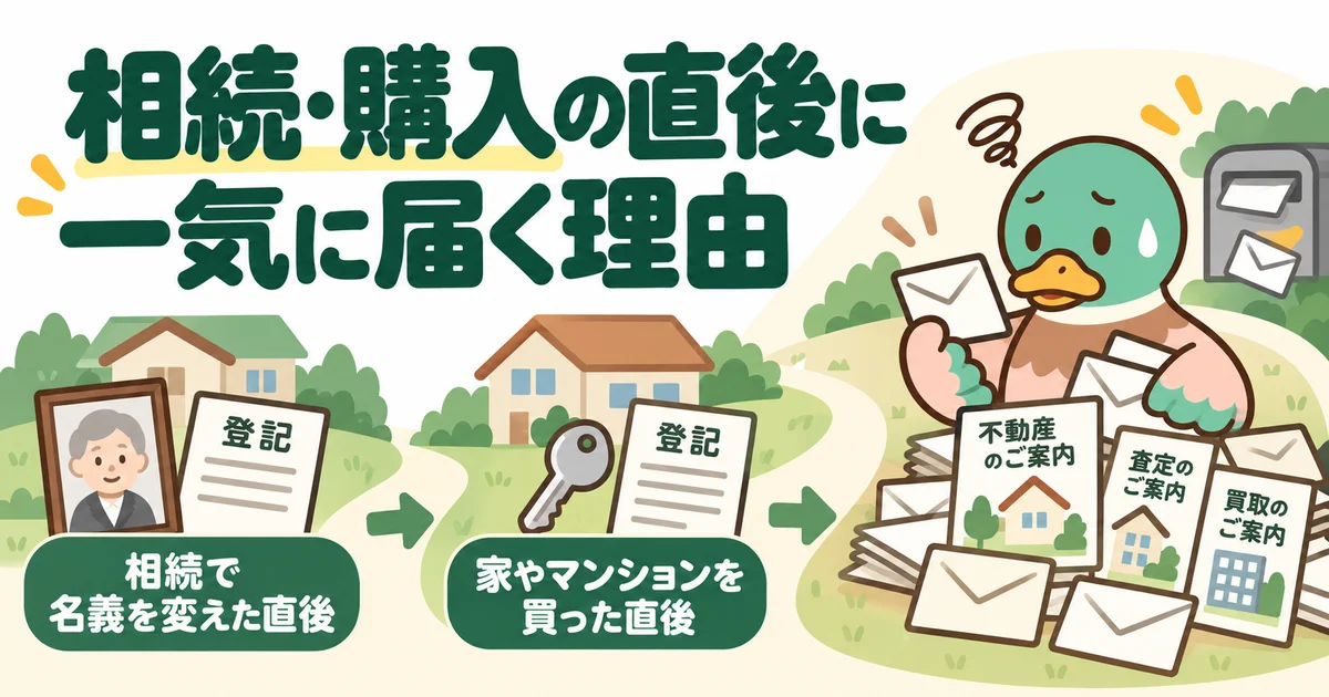 相続や購入で名義が変わったあとにDMが届く流れを示した図。