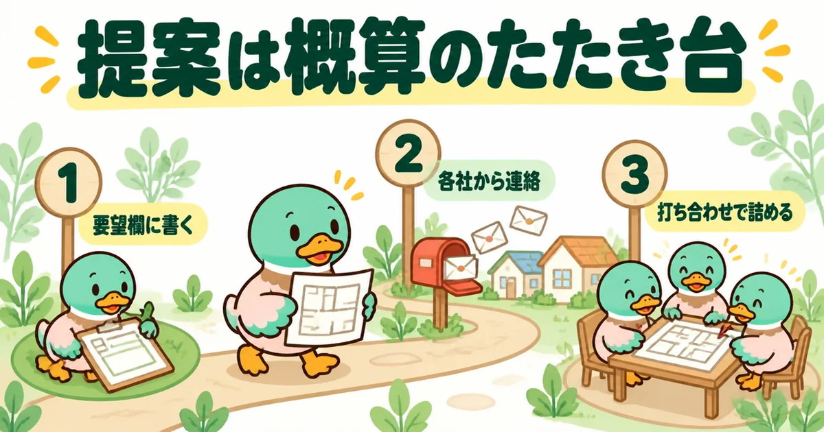 タウンライフでは要望欄に事情を書き、各社から連絡と概算のたたき台が届き、打ち合わせで詰めていく流れを3段階の道で示した図解。