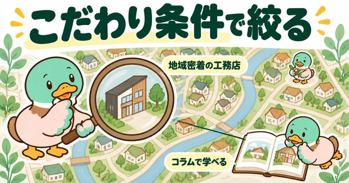 持ち家計画はこだわり条件で会社を絞り込め、地域密着の工務店が多くコラムでも学べることを、町の地図と虫めがねで表した図解。