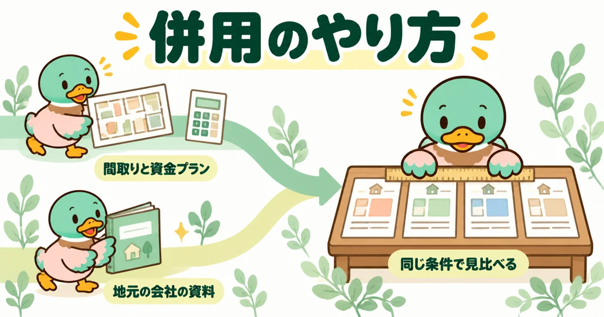 タウンライフで間取りと資金プランをもらい、持ち家計画で地元の会社の資料を集め、同じ条件で見比べる併用の流れを示した図解。