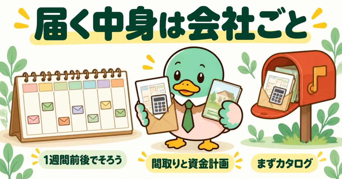 タウンライフで届く中身は会社ごとに違い、間取りと資金計画つきの会社もカタログからの会社もあり、1週間前後でそろうことを示す図解。