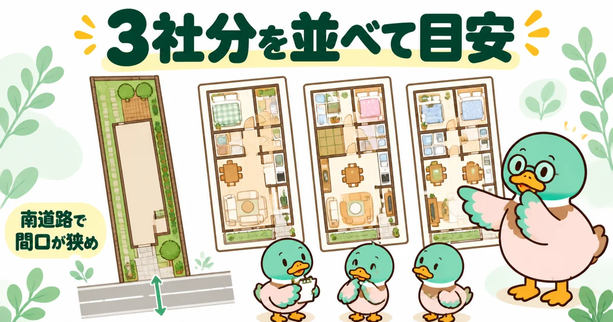 南道路で間口が狭めの土地に合わせてタウンライフから届いた3社分の間取り案を並べ、予算の目安をつかむ様子を示した図解。