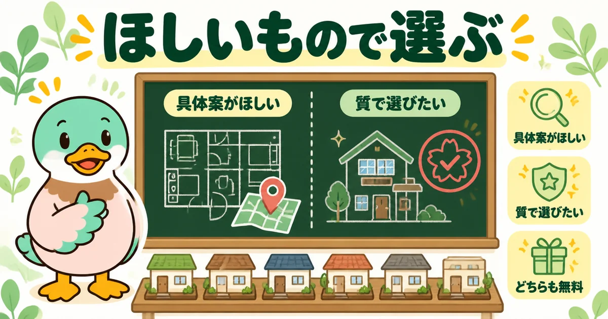 持ち家計画とタウンライフの比較のまとめとして、具体案がほしいか質で選びたいかで選び、どちらも無料であることを黒板で示すイラスト。
