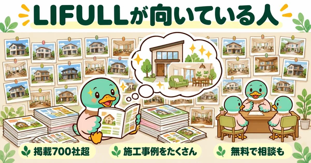LIFULL HOME'Sが向いている人の特徴として、掲載700社超のカタログと施工事例の写真に囲まれて家のイメージを膨らませるあいみつ。持ち家計画との比較で量を重視する人向け。